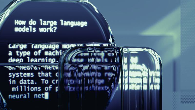 Abstract render of a language model generating text on a glass screen